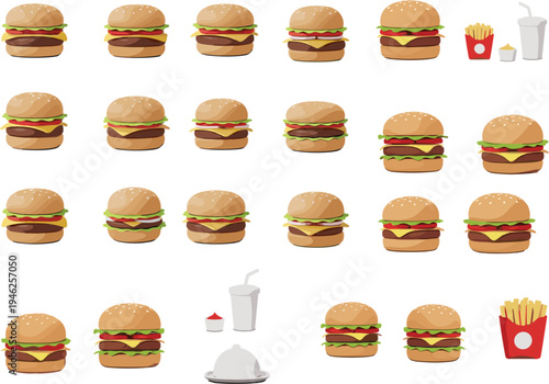 Large fast food collection featuring various delicious burgers cheeseburgers french fries soda cups and condiments isolated vector icons set