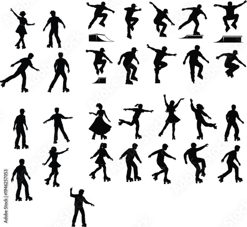 Large collection of roller skater silhouettes performing various tricks jumps and skating poses isolated on white background vector