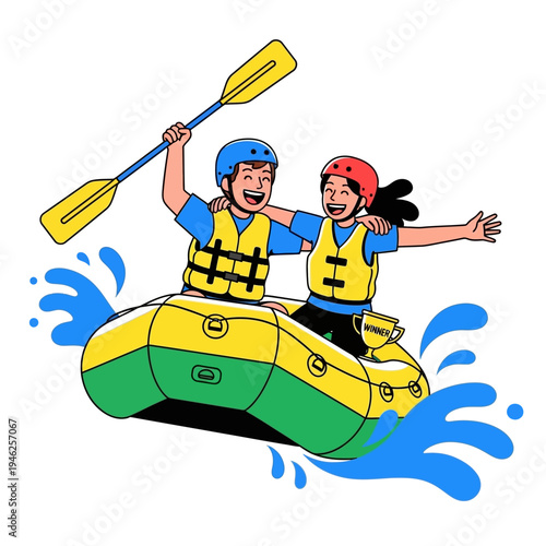 Happy Couple Rafting Victory, Celebrating Success on White Water Adventure