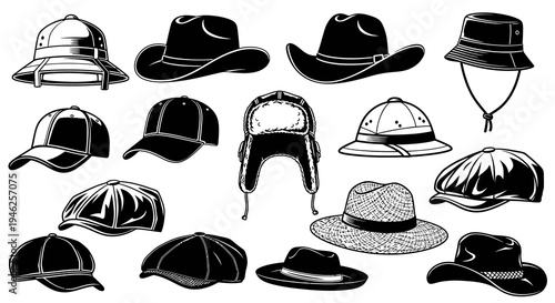 Fashion Hats  Headwear Collection Black and White Line Art Vector Illustration
