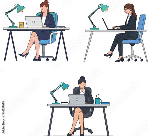 Professional businesswomen working at office desks with laptops and desk lamps representing corporate productivity and modern workspace vector
