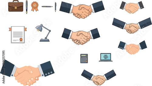 Professional business handshake collection with office icons like briefcase contract calculator and laptop representing successful partnership