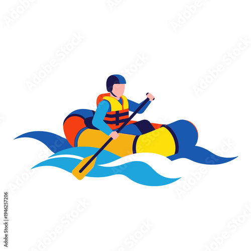 Man Paddling Inflatable Raft On Wavy Blue Water | Adventure Sport Illustration