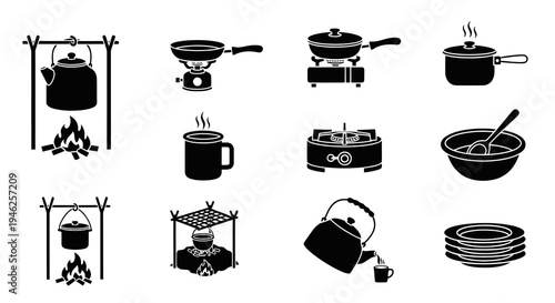 Camping Cooking Gear Icons Set