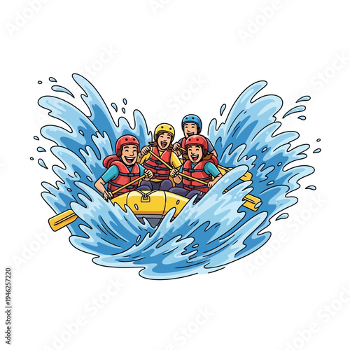 Happy people whitewater rafting adventure, extreme water sports, fun activity