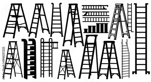 Construction and Home Improvement Ladders Silhouette Set. Work and Safety Icons.