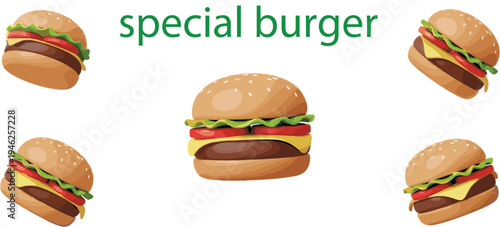 Special burger vector set featuring delicious beef cheeseburgers with lettuce tomato and cheese isolated on white background for menu