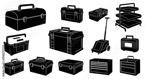 Construction Workshop Toolboxes and Storage Cases Vector Glyphs Set