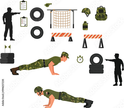 Soldier in camouflage uniform doing pushups at military boot camp obstacle course with tires and training equipment vector