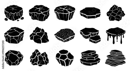 Geology Gaming Black  White Glyph Rock and Ice Blocks Vector Icons Set