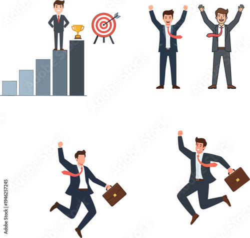 Successful businessman celebrating career growth achievements jumping with joy and standing on bar chart with trophy and target vector