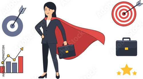 Super businesswoman wearing red cape holding briefcase with target and growth chart icons representing female leadership and career success vector