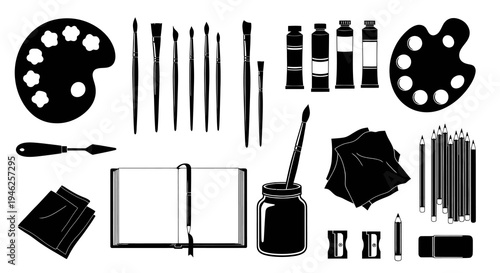 Art and Craft Supplies Black  White Glyph Set. Creative Artist Tools Collection.