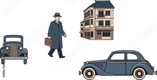 Vintage collection with retro businessman in overcoat classic antique cars and traditional city building representing 1940s or 1950s era vector