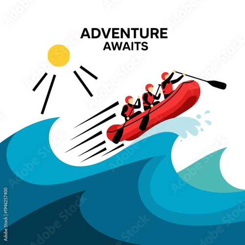 Rafting adventure on wavy ocean, people in raft, sun shining, extreme sport