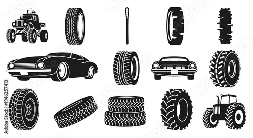 Automotive Transportation Glyph Icon Set: Cars, Trucks, Tractors, and Various Tires