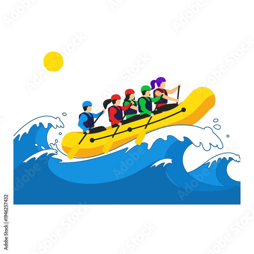 Rafting Adventure: Group Paddles Yellow Raft on Blue Waves Under Sun