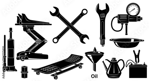 Automotive Mechanic Tools and Car Repair Equipment Black  White Glyph Icon Set