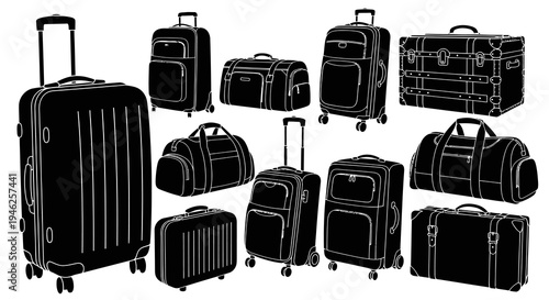 Travel Luggage  Suitcases Vector Silhouette Line Art Icons Collection