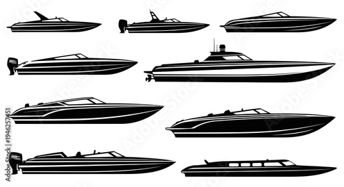 Marine Industry Black and White Silhouette Vector Set of Speedboats and Powerboats
