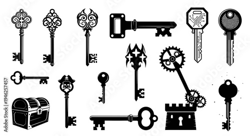Black Silhouette Keys Collection: Antique, Steampunk, Technology, Fantasy, Lock and Chest Vector Icons
