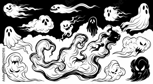 Black and White Line Art Spooky Ghosts and Phantom Smoke Vector Collection for Halloween