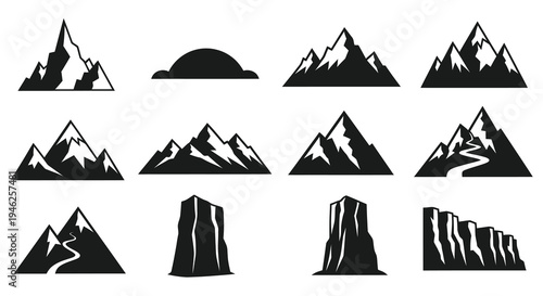 Mountain Vector Icons Set: Adventure, Travel  Nature Solid Glyphs Collection