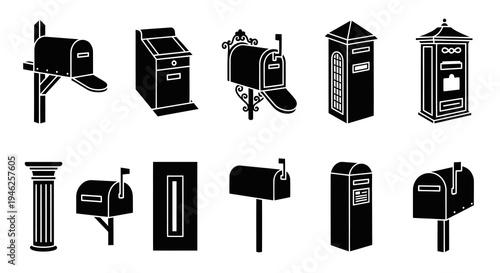 Postal Communication Mailbox  Post Box Glyph Icon Set - Black  White Vector Art