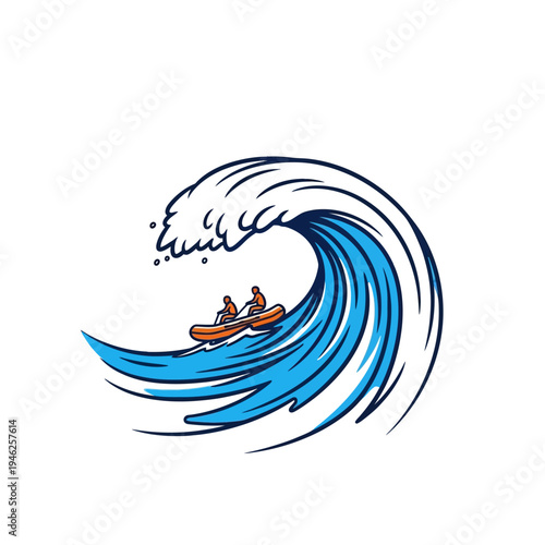 Rafting Adventure: Two People in Boat Riding Big Ocean Wave