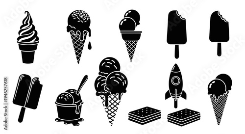 Food Icons: Black and White Ice Cream and Frozen Desserts Glyph Set