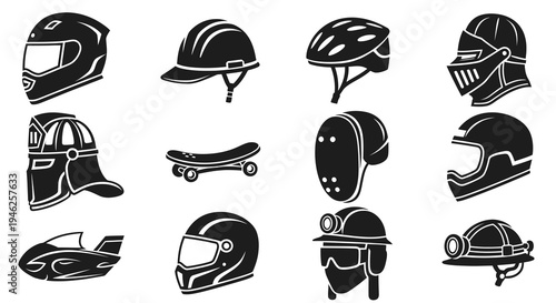 Diverse Safety Helmets and Sport Equipment Glyph Icons Collection