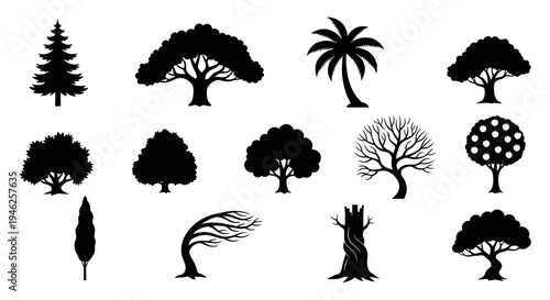 Nature  Landscape Diverse Tree Silhouettes Vector Glyphs Set
