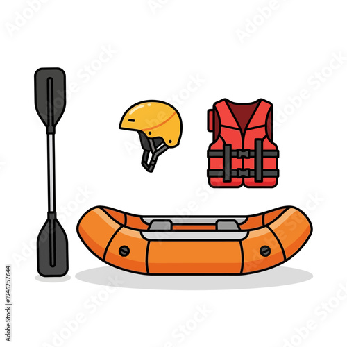 Rafting Equipment: Inflatable Raft, Paddle, Helmet, and Life Vest - Vector Illustration