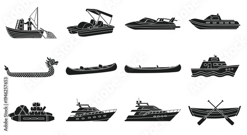 Water Transport Boats and Ships Glyph Icons Set - Marine and Sailing Vessels