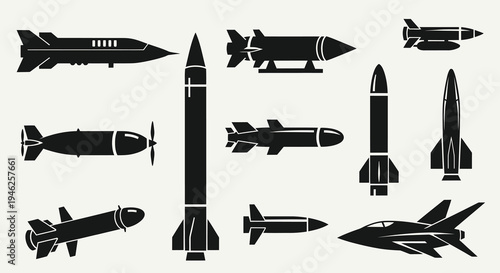 Military Aerospace Weapons Icons Set - Black  White Flat Vector Glyphs of Rockets and Missiles
