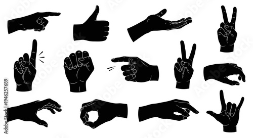 Communication Hand Gestures Black and White Silhouette Glyph Icons Set