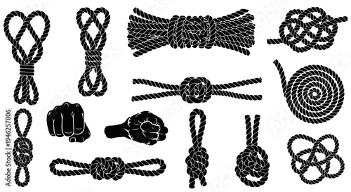 Nautical Knots and Ropes Set - Black  White Silhouette Vector Icons