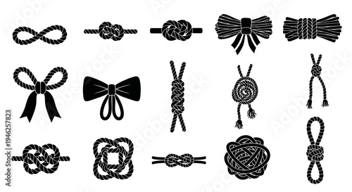 Nautical and Craft Knots, Ropes, and Bows - Black and White Glyph Icon Set