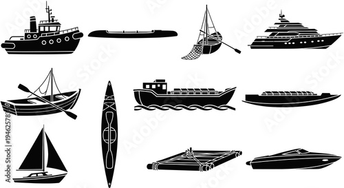 Nautical Marine Transportation Watercraft Glyph Icons Set with Boats, Ships, Yachts