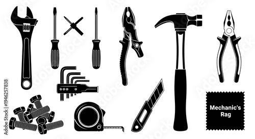 Mechanic's and Construction Hand Tools Glyphs Set - Black  White Vector Icons