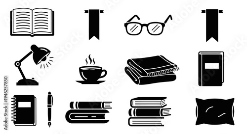 Reading and Study Glyph Icons Set - Education, Relaxation, and Bookworm Essentials