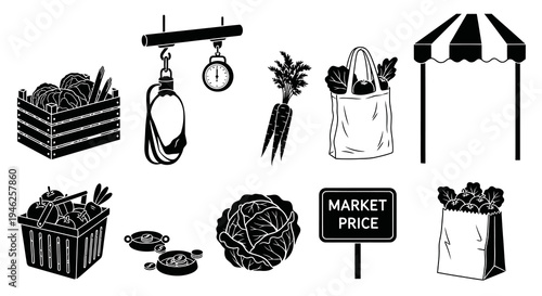 Farmers Market Food  Produce Black and White Glyph Icon Set