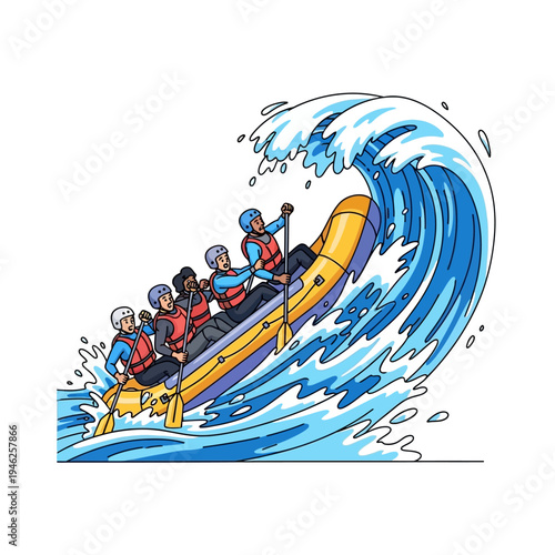 Rafting team navigating a large wave during extreme water sport adventure