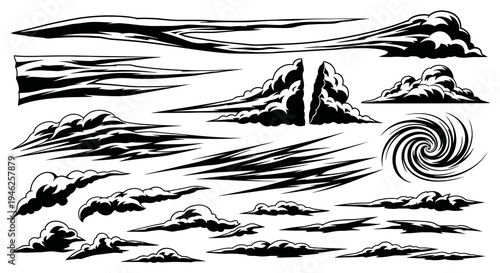 Comic Book Style Black  White Vector Clouds, Wind, Smoke  Speed Lines Graphic Elements