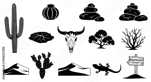 Desert Nature Elements Black  White Glyphs Icon Set - Cactus, Skull, Lizard, Rocks