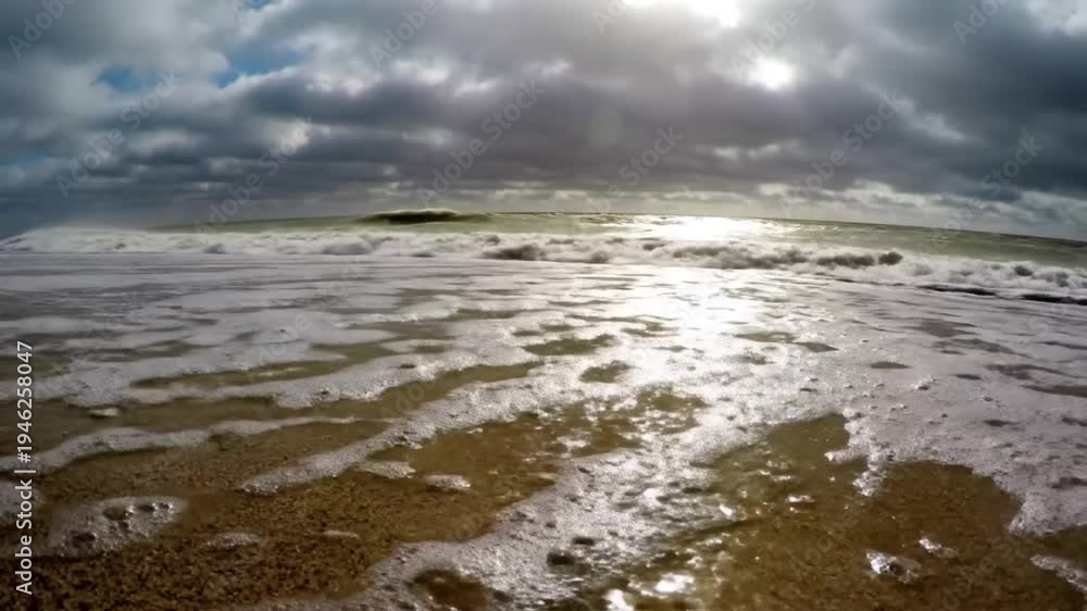 custom made wallpaper toronto digitalLow angle view of ocean waves crashing onto sandy beach on a cloudy day with sun shining through