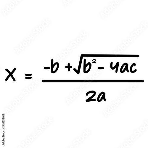 Handwritten quadratic formula solving equation, algebra concept, math learning, study, numbers, symbols, arithmetic, classroom, education, problem solving, formula, teaching tool.

