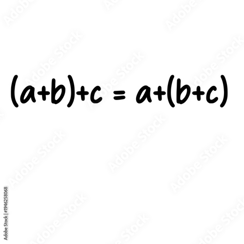 Handwritten algebra equation demonstrating associative property of addition, arithmetic concept, numbers, symbols, education, learning, study, classroom, formula, teaching, basic math.
