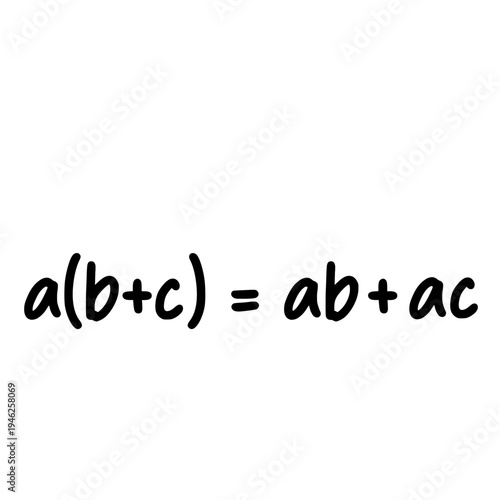 Handwritten algebra equation representing distributive property, arithmetic principle, learning, education, numbers, symbols, study, basic math, classroom, formula, teaching tool.
