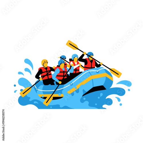 Rafting Team Paddling Down Rushing River Rapids